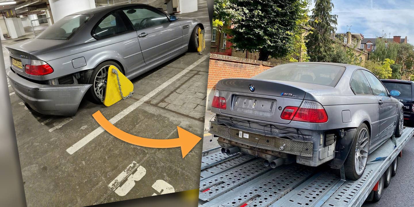2004 BMW M3 CSL abandoned in a London garage on the left, then moved to a trailer on the right