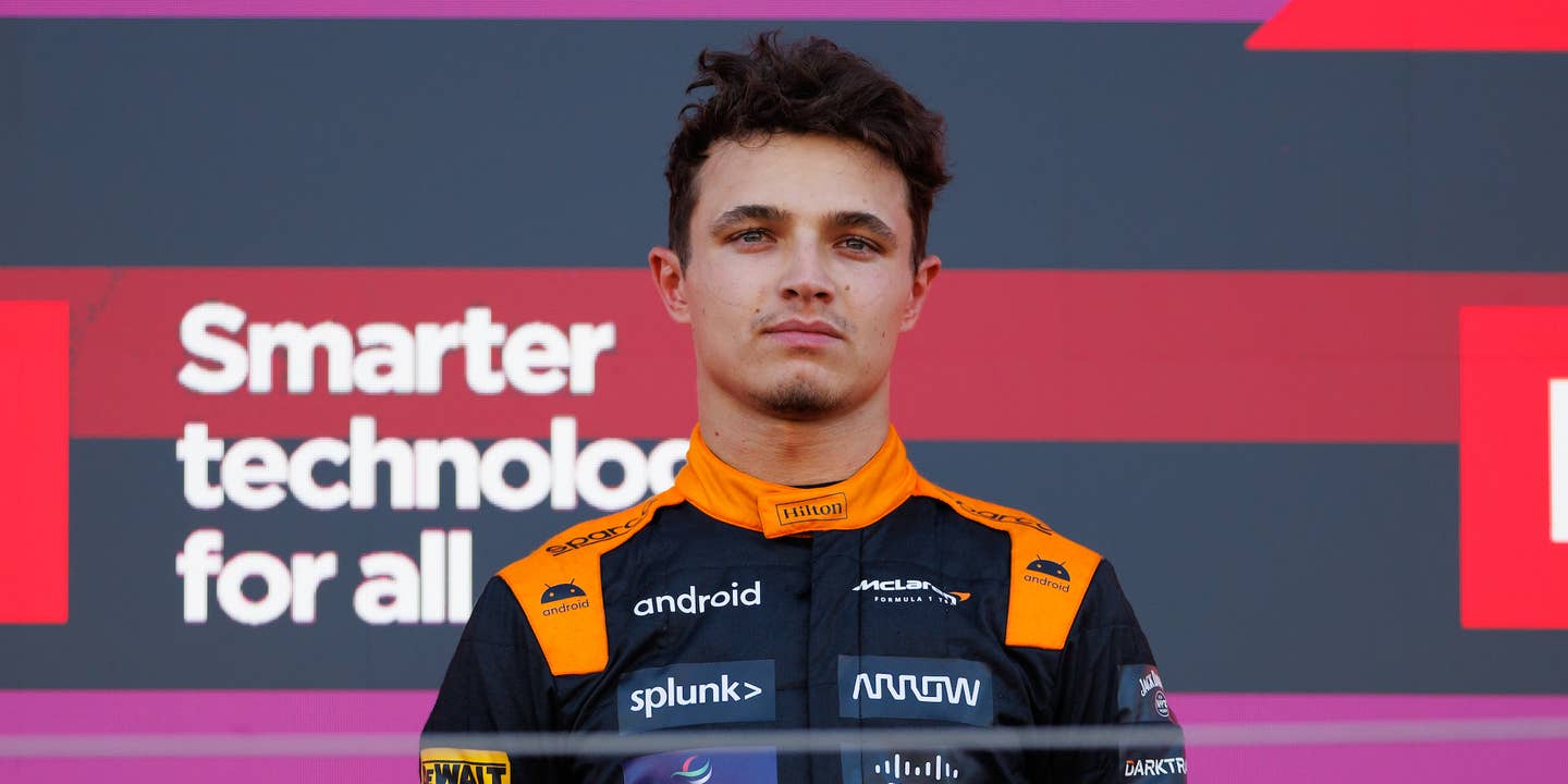 Suzuka, Japan, Sunday 24 September: Lando Norris (GBR) of team McLaren on the presentation stage during the 2023 Japan Formula One Grand Prix. Fee liable image, photo and copyright © PETERSON Mark ATP Images